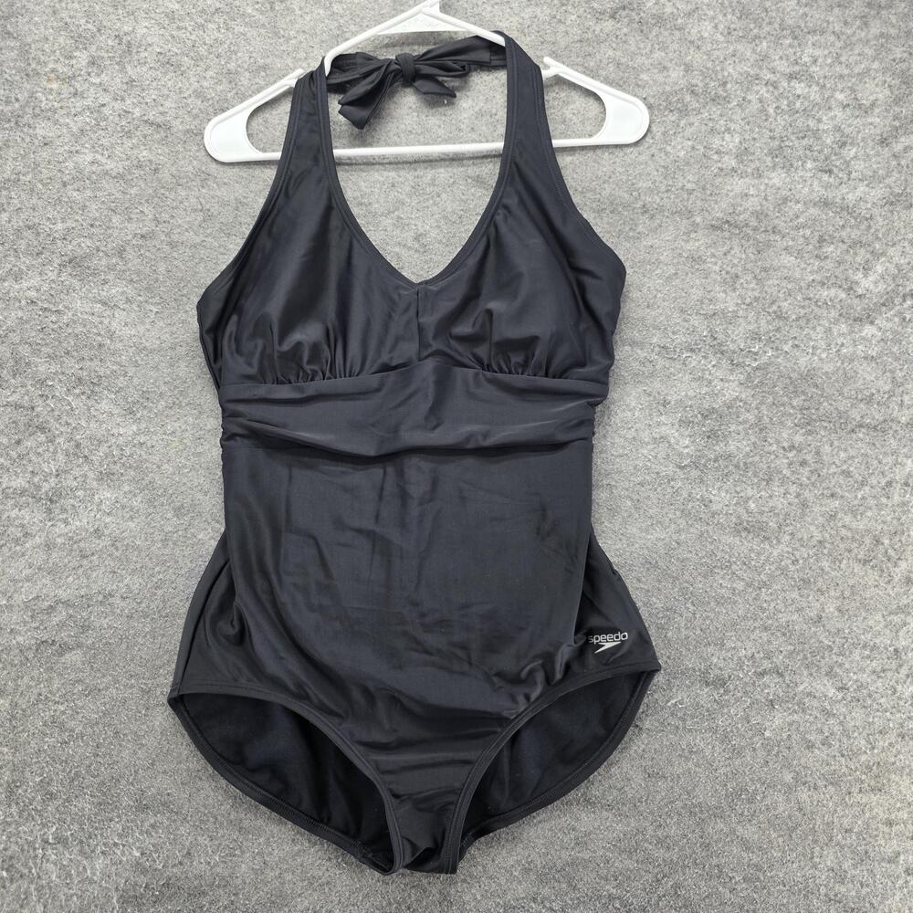 Speedo One Piece Womens L Black Lined Built-In Bra Tummy Control Halter Logo